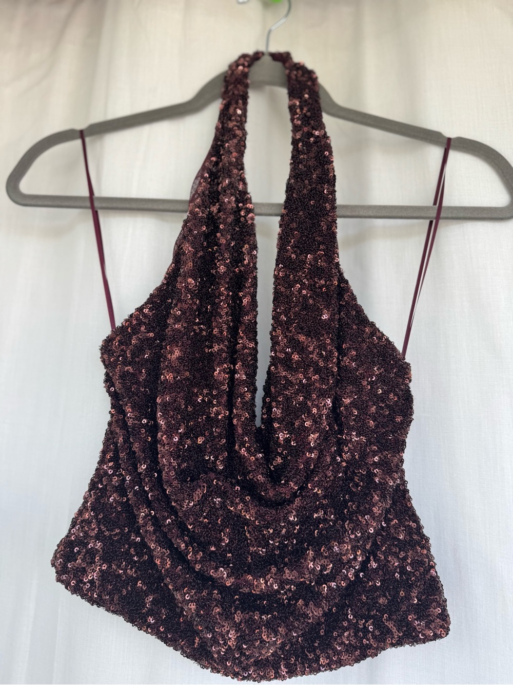 Zara Sequin Halter Cowl Neck Tank - Deep Burgundy S